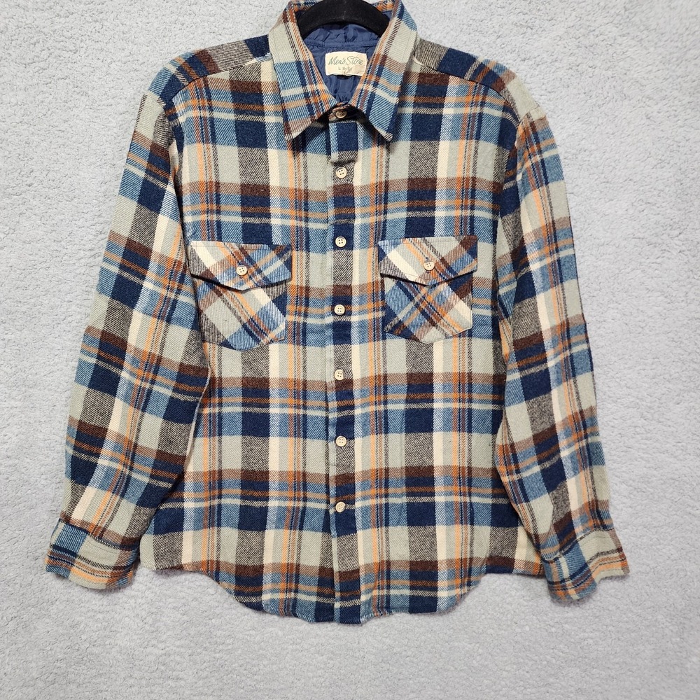 Vintage Sears Men's Store Plaid Flannel Button Up Jacket Quilted Neckline Size L